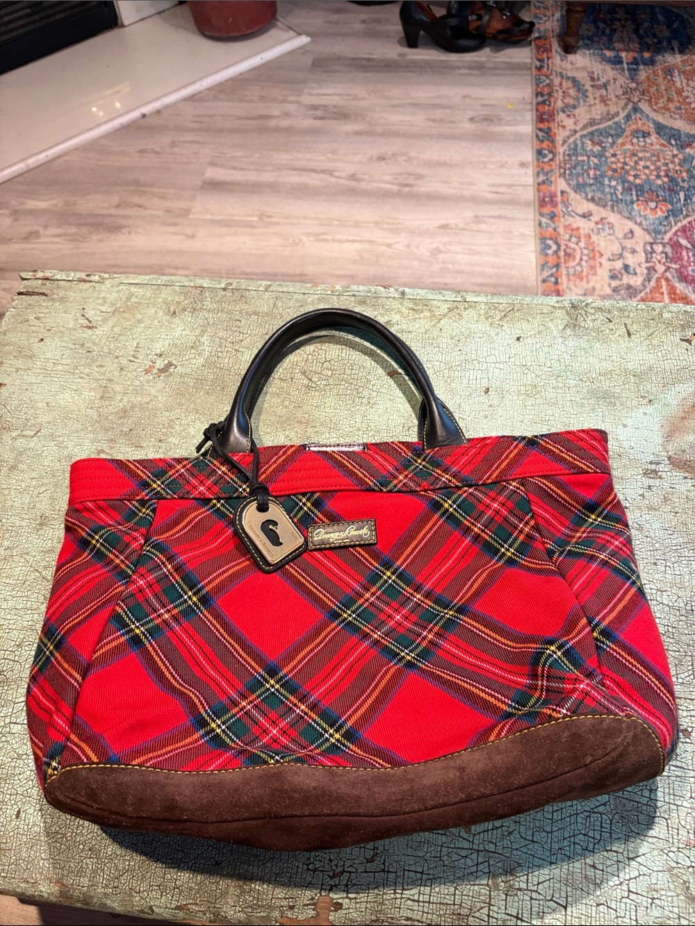Dooney & Bourke Red Tartan Plaid Medium Tote Suede Leather Handbag - Picture 2 of 6